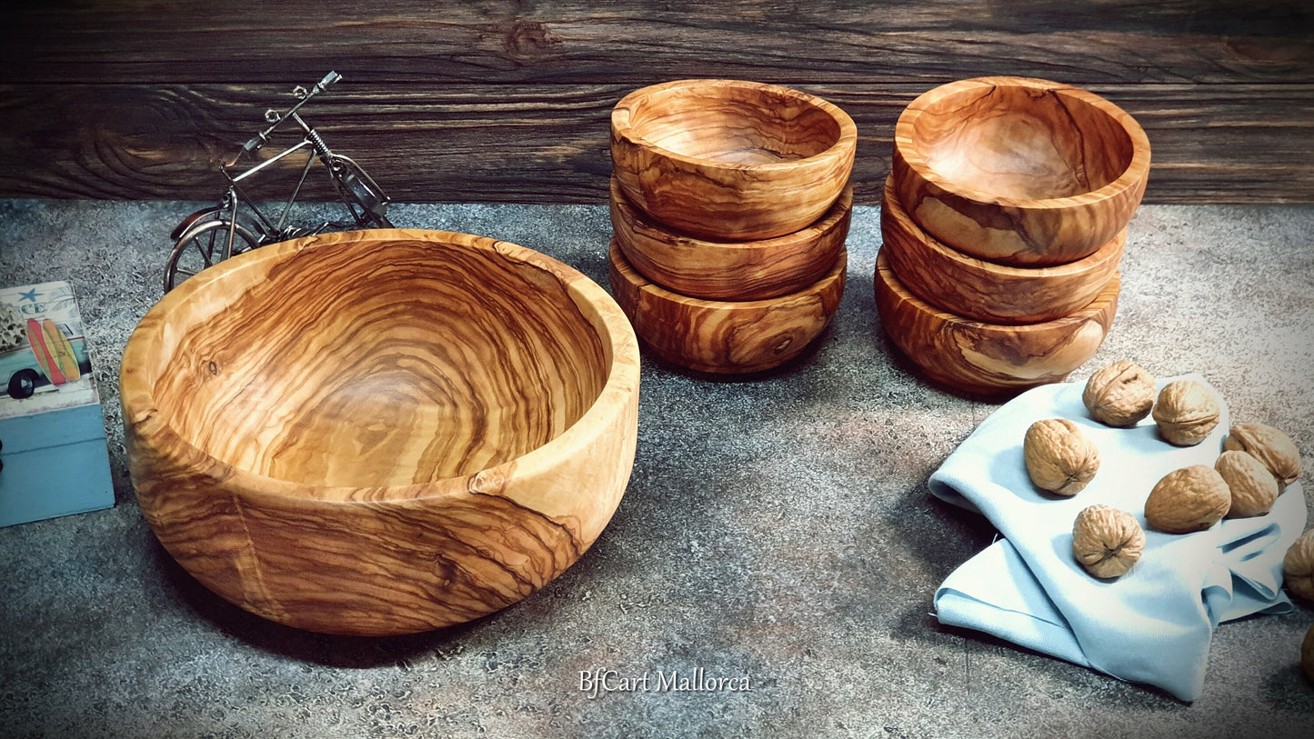 Bowls and 6 Individual Olive Wood Bowls, Set Dinnerware, Mixing bowl and main large bowl, Main bowl and 6 serving bowl Appetizers and Sauces