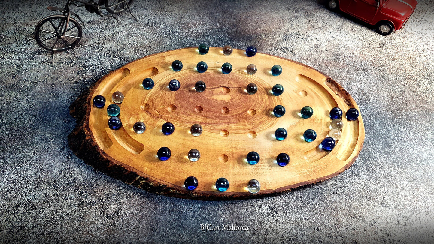 Solitaire game olive wood rustic with glass balls, Solitaire game board Rustic wood board with glass balls, Vintage Handmade Solitaire Game