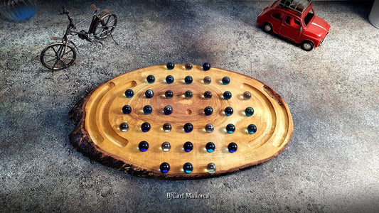 Solitaire game olive wood rustic with glass balls, Solitaire game board Rustic wood board with glass balls, Vintage Handmade Solitaire Game