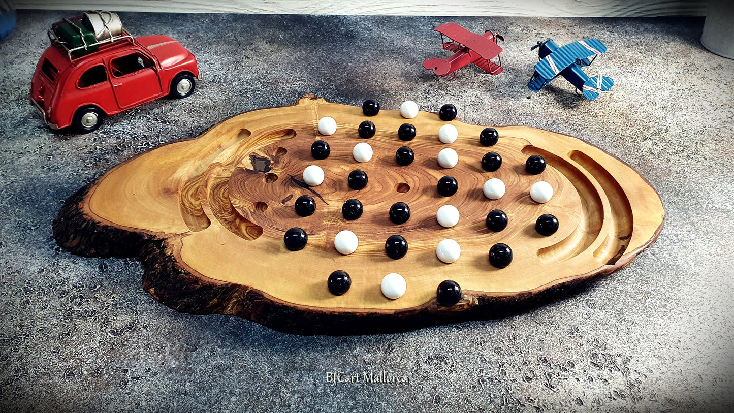 Solitaire Game Board Custom With 36 Glass Balls Rustic Olive Wood, Vintage Classic Solitaire Board Game Set, Classic Indoor Board Game