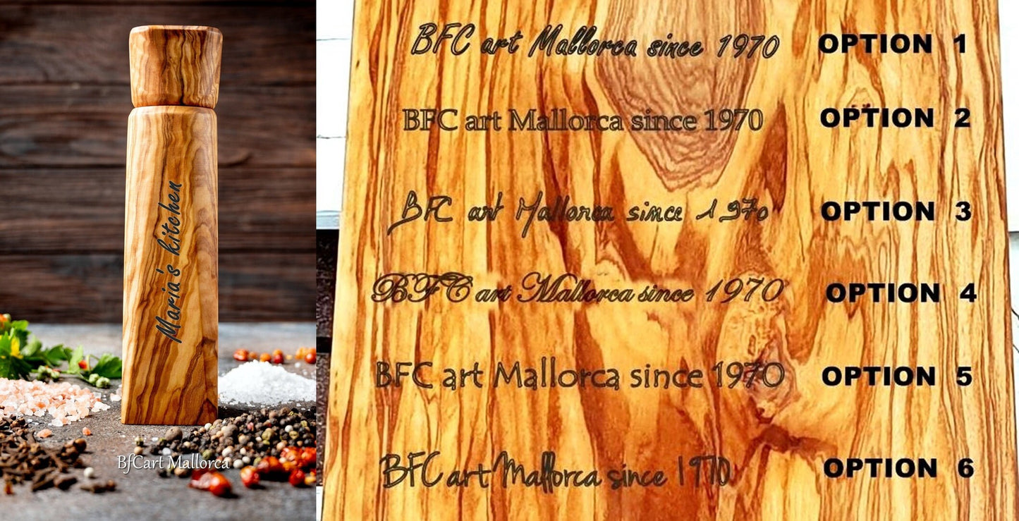 Customizable olive wood pepper mill for peppers or salt, Exclusive and own pepper shaker design