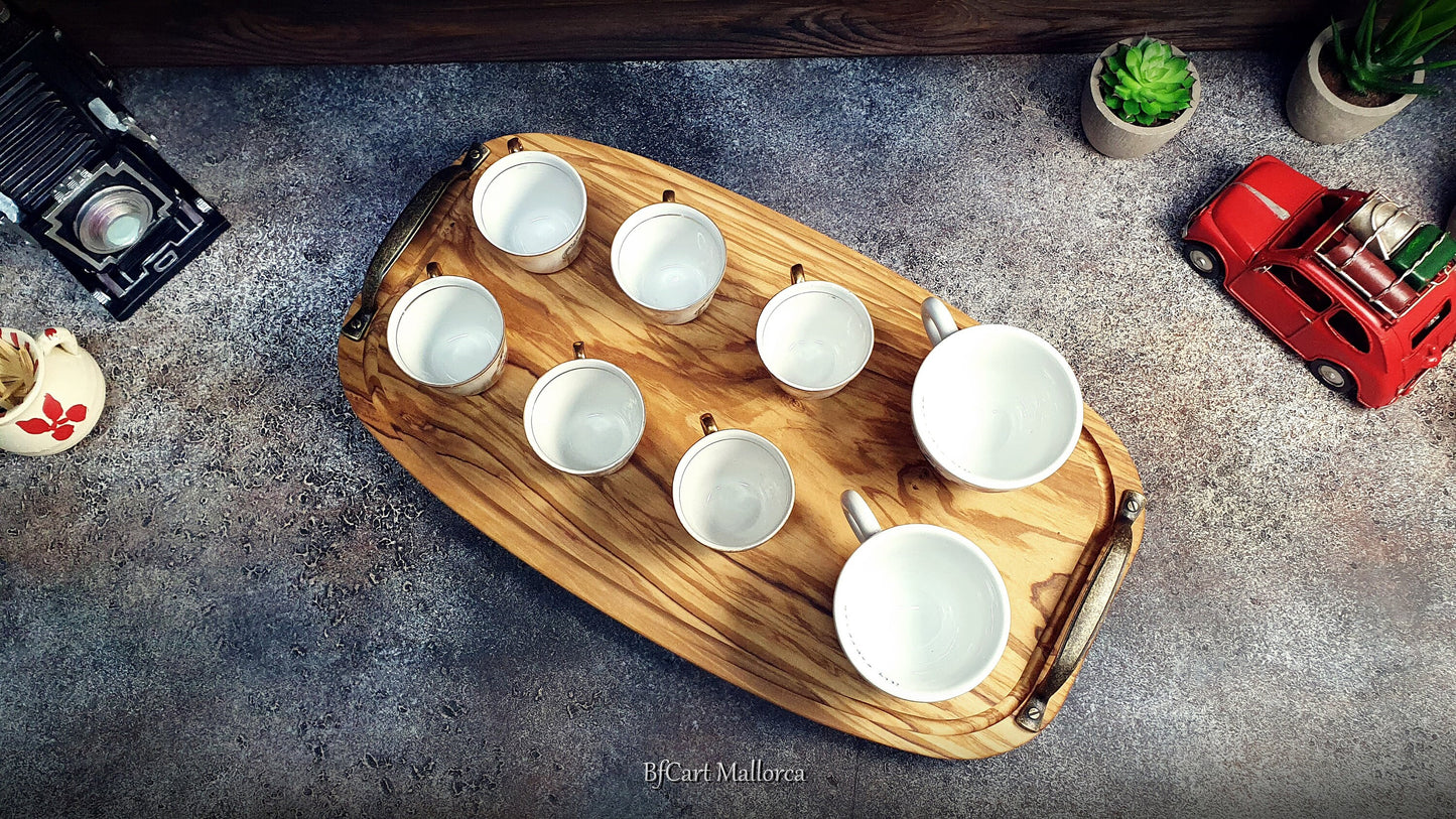 Wooden Serving Tray With Metal Handles, Tray for Serving Breakfasts in Bed, Oval Tray for Tea and Coffees Serving