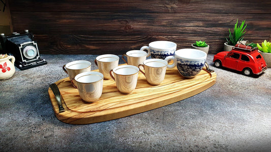 Wooden Serving Tray With Metal Handles, Tray for Serving Breakfasts in Bed, Oval Tray for Tea and Coffees Serving