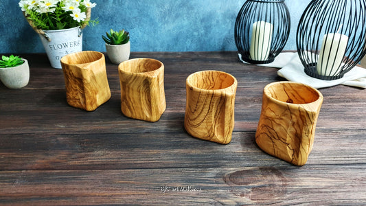 Set of 4 Handmade Olive Wood Cups With Handle, Wooden Cups for Coffees and Teas. Natural glasses for ecological water.