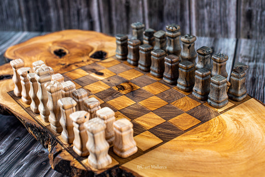 Live edge Chess set, Chess Premium set with Board Wood, Chess Set Handmade Olive Wood, Rustic Chess Board set, Vintage Chess sets With Board