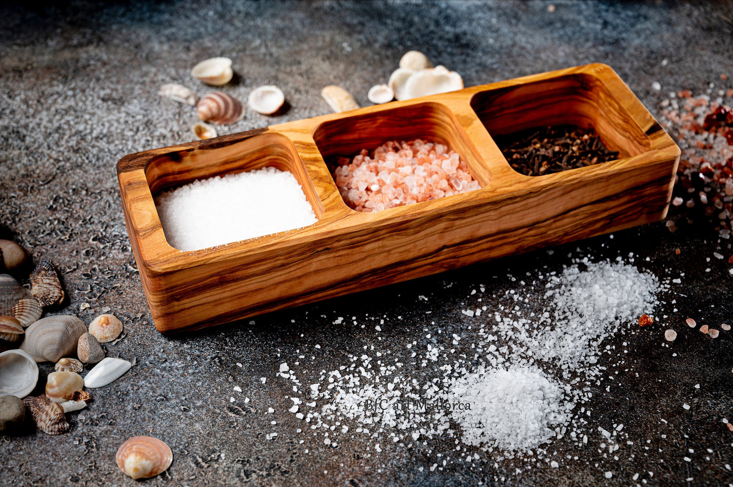 Large salt shaker with 3 separate compartments for salt or olive wood species