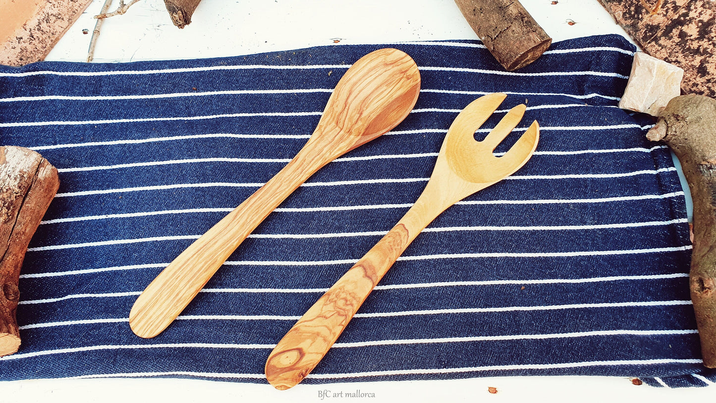 Salad Bowl with Servers spoons set Olive Wood, Wooden Bowls handmade with Serving Spoons for Salads and Pasta Serving Bowls