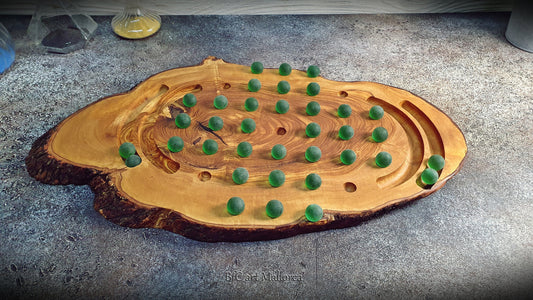 Solitaire Game Board Rustic Olive Wood with Unique and Natural Organic Shapes, Solitaire Game with 36 crystal balls, Classic Solitaire Game