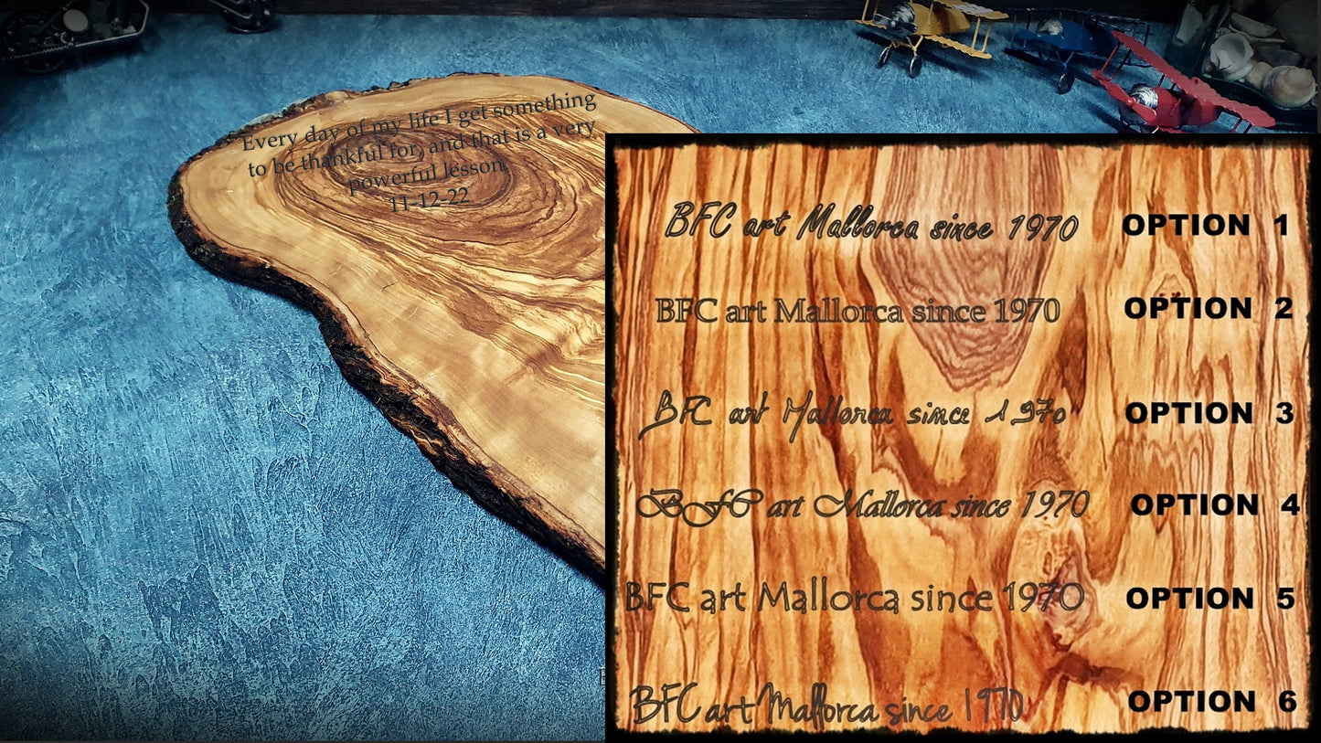 Olive Wood Charcuterie Board with Handle Personalized, Big Cheese Board with Rustic edges and Natural and Organic trunk shapes