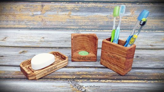Bathroom set with a toothbrush pot soap dish and matching olive wood candle holder for gifts, bathroom cup and soap dish
