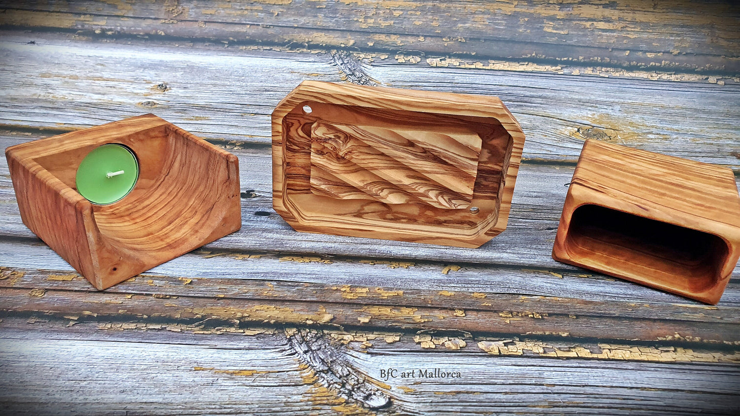 Bathroom set with a toothbrush pot soap dish and matching olive wood candle holder for gifts, bathroom cup and soap dish