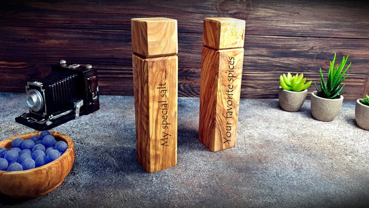 Custom Salt and Pepper Mill Set for Seasoning Olive Wood, Personalized Pepper Grinder and Salt Set
