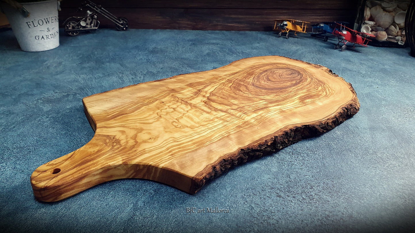 Olive Wood Charcuterie Board with Handle Personalized, Big Cheese Board with Rustic edges and Natural and Organic trunk shapes