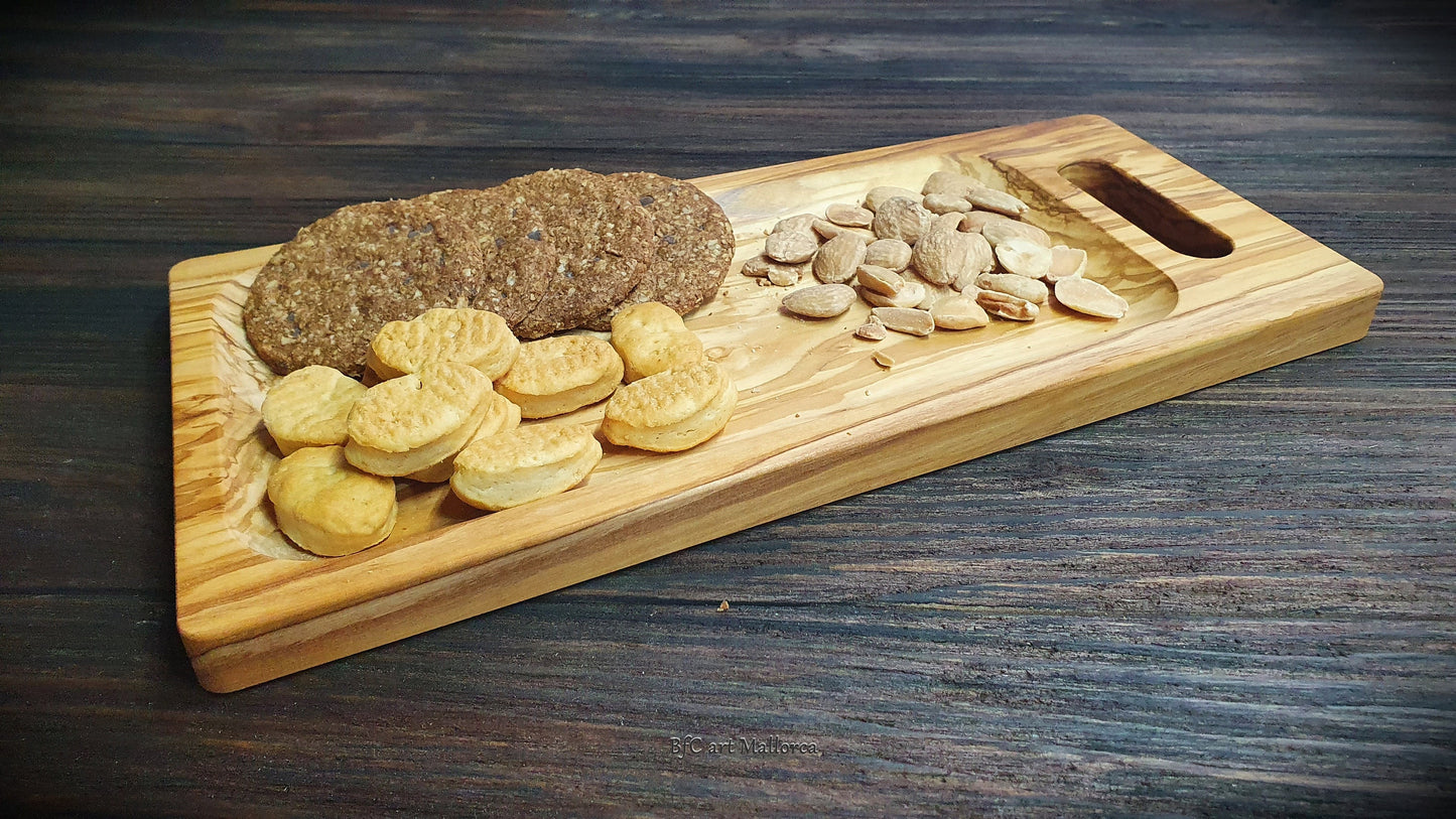 Olive wood Tray for Cookies and Snacks, Tea and Biscuit Serving Plate, Serving Tray with Handles, Charcuterie Board with Handles