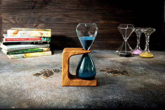 Table sand clock Decorative hourglass holder of 15 min. in olive wood Customizable, Modern hourglass , sand hourglass timer.