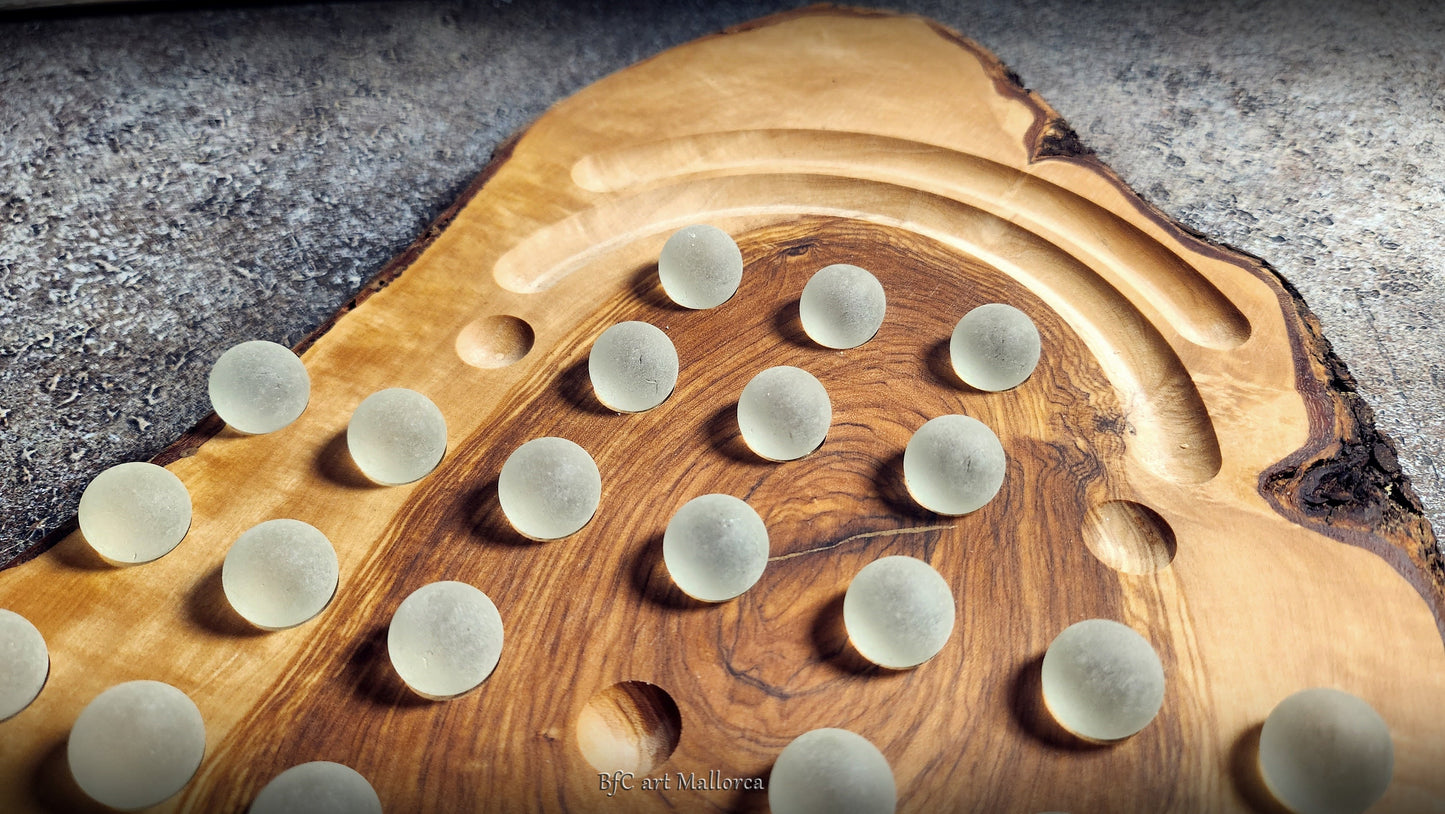 Solitaire Game Board Handmade With a Rustic Board Olive Wood, Custom wooden solitaire game with glass balls