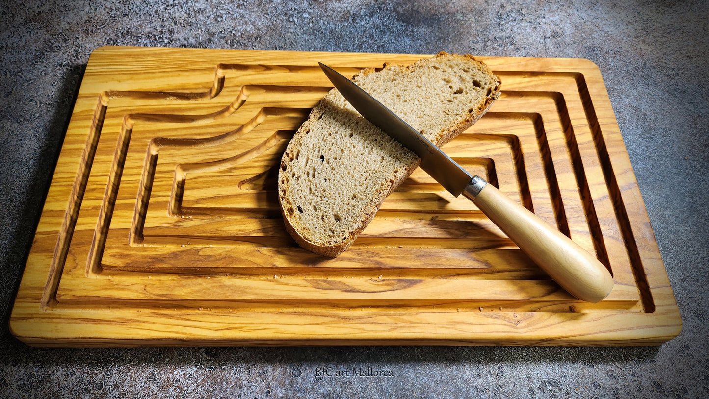 Bread cutting board of olive wood with crumb catcher and matching steel knife, Customizable board bread crumb board, antique bread board