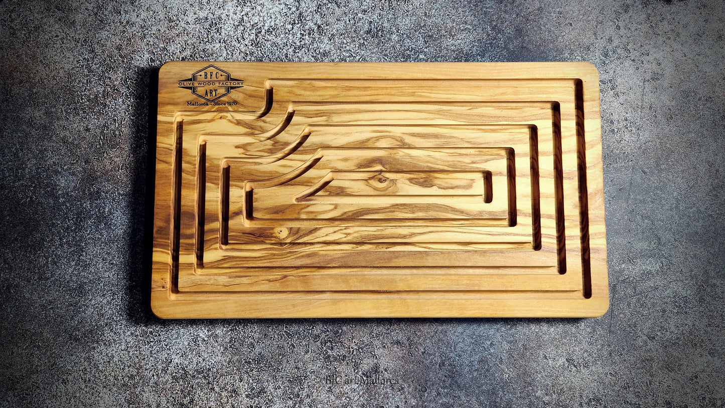 Bread cutting board of olive wood with crumb catcher and matching steel knife, Customizable board bread crumb board, antique bread board