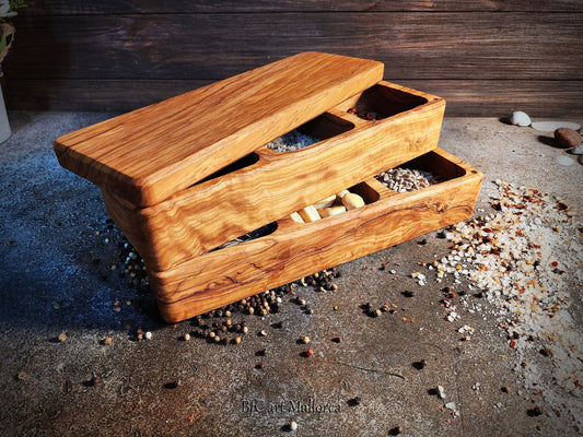 large salt shaker with 6 large compartments handmade from olive wood