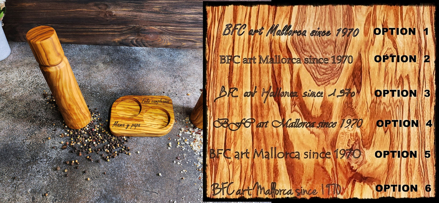 Customizable Salt and pepper mill with olive wood tray, Handmade Vintage salt and pepper shakers artisanal wooden, Salt Grinder Wood Set