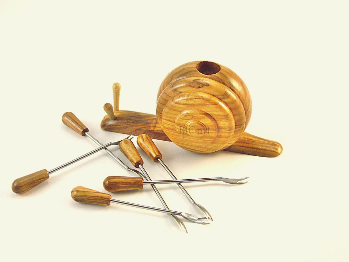 Olive Wood Snail Skewer Set, Appetizer Picks, Snack Utensil