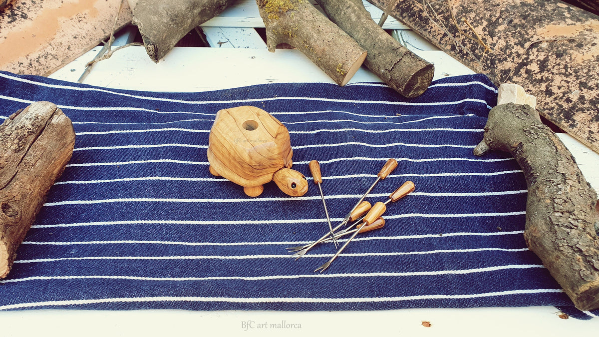 Olive Wood Turtle Toothpick Holder with Metal Skewers