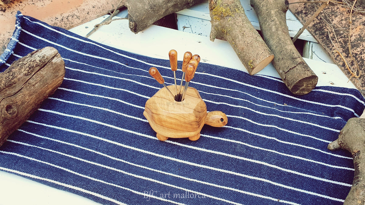 Olive Wood Turtle Toothpick Holder with Metal Skewers