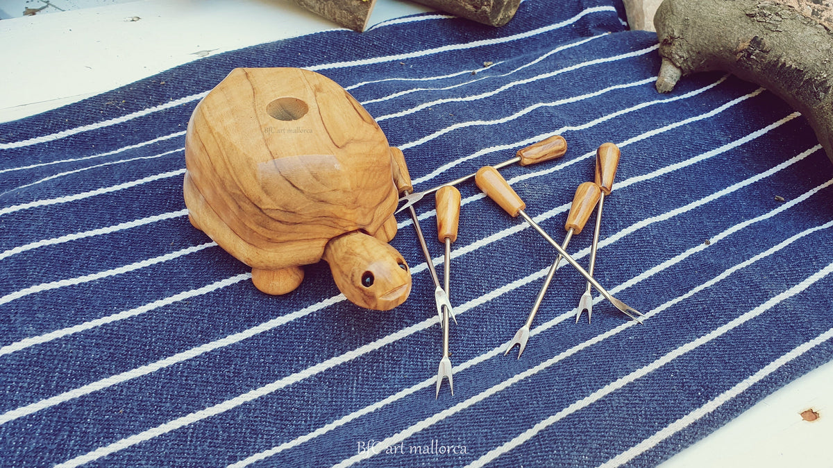 Olive Wood Turtle Toothpick Holder with Metal Skewers
