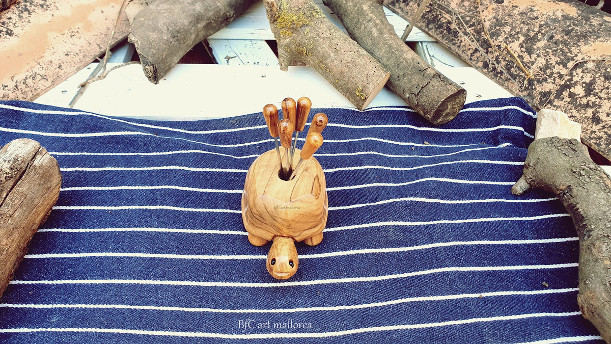 Olive Wood Turtle Toothpick Holder with Metal Skewers