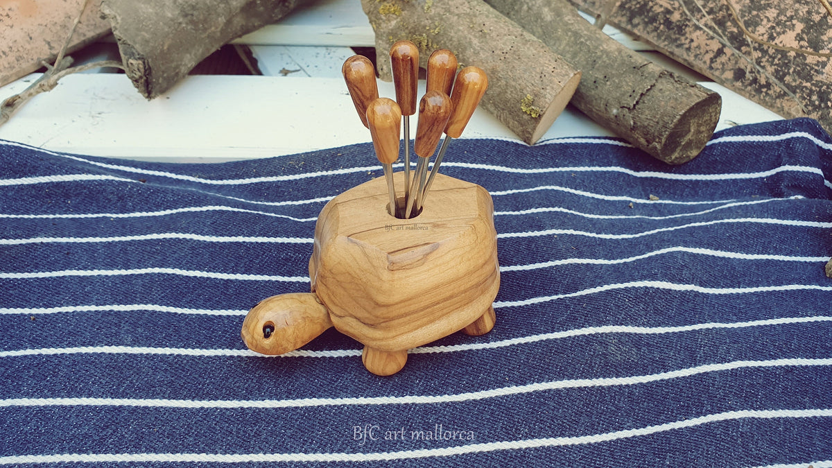 Olive Wood Turtle Toothpick Holder with Metal Skewers