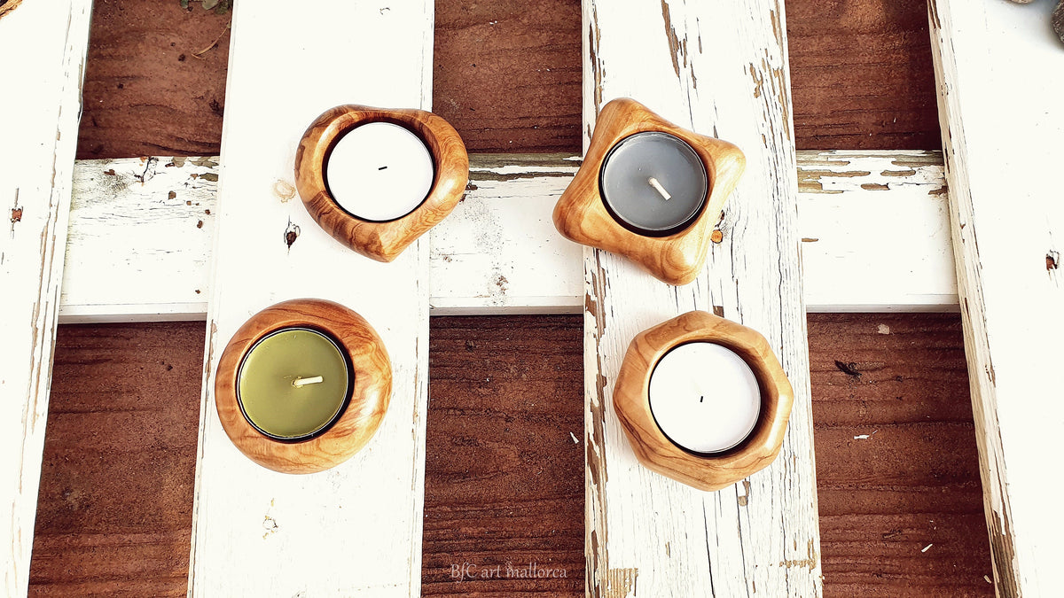Olive Wood Tealight Candle Holder Set, Handmade Centerpiece