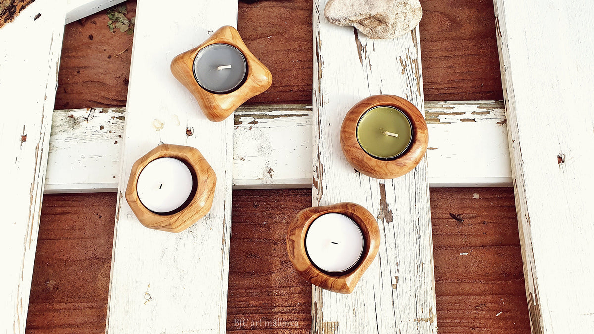 Olive Wood Tealight Candle Holder Set, Handmade Centerpiece