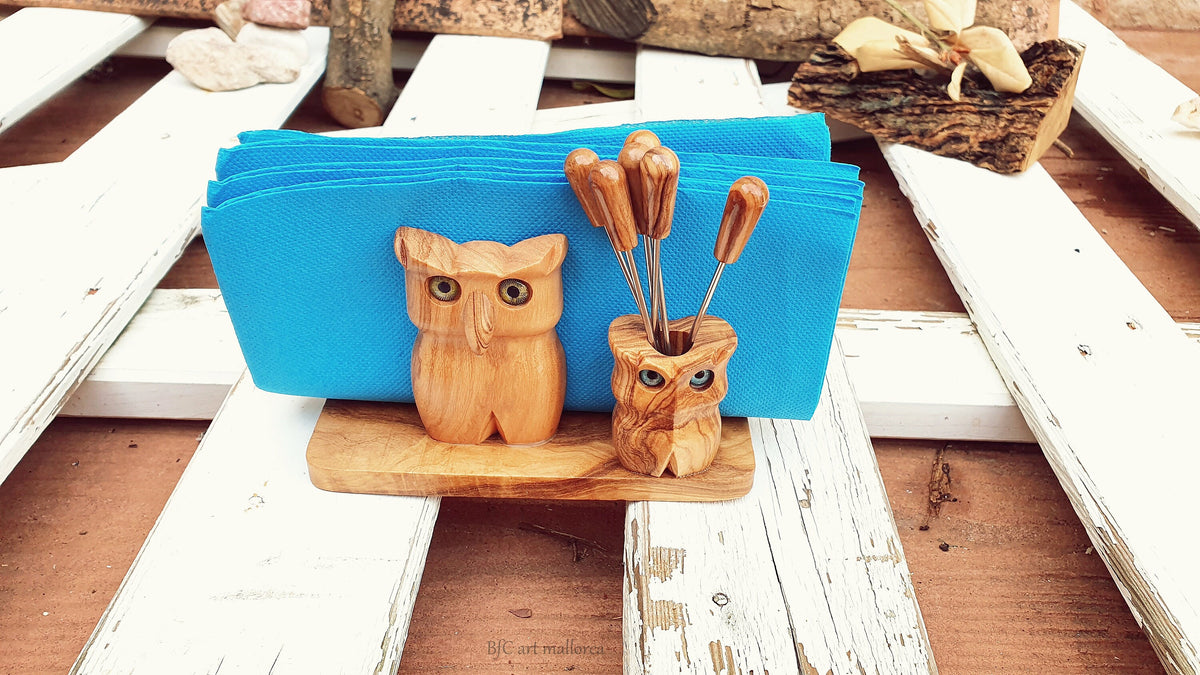Handmade Olive Wood Owl Napkin Holder & Skewer Set