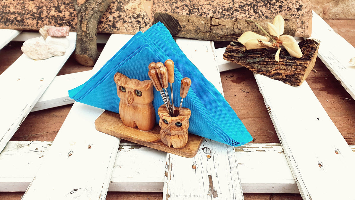 Handmade Olive Wood Owl Napkin Holder & Skewer Set