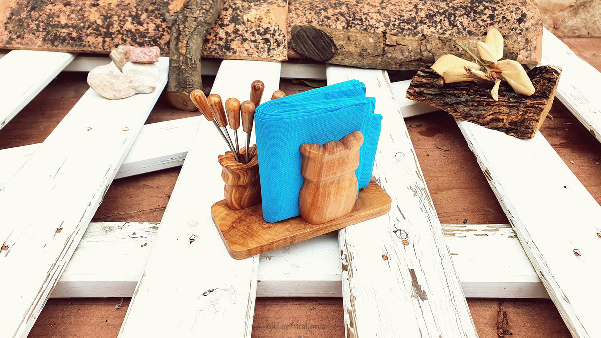 Handmade Olive Wood Owl Napkin Holder & Skewer Set