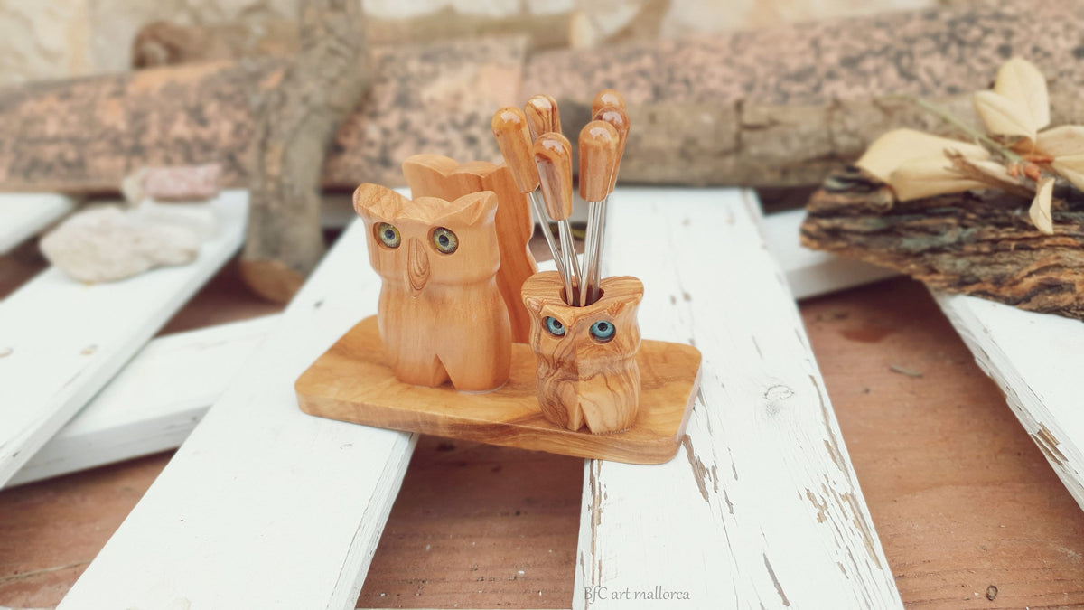 Handmade Olive Wood Owl Napkin Holder & Skewer Set