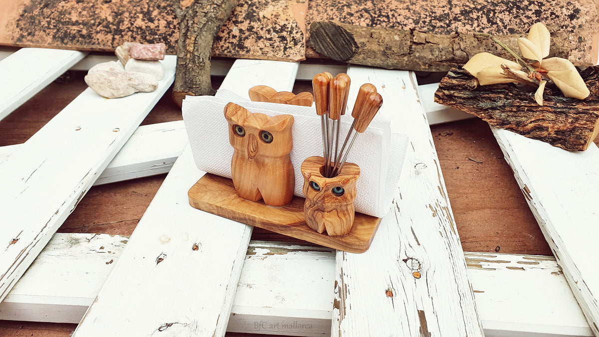 Handmade Olive Wood Owl Napkin Holder & Skewer Set