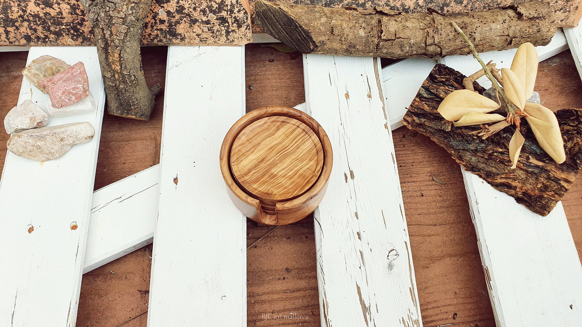 Olive Wood Coasters with Holder, Round Cup Coasters, Set of 6
