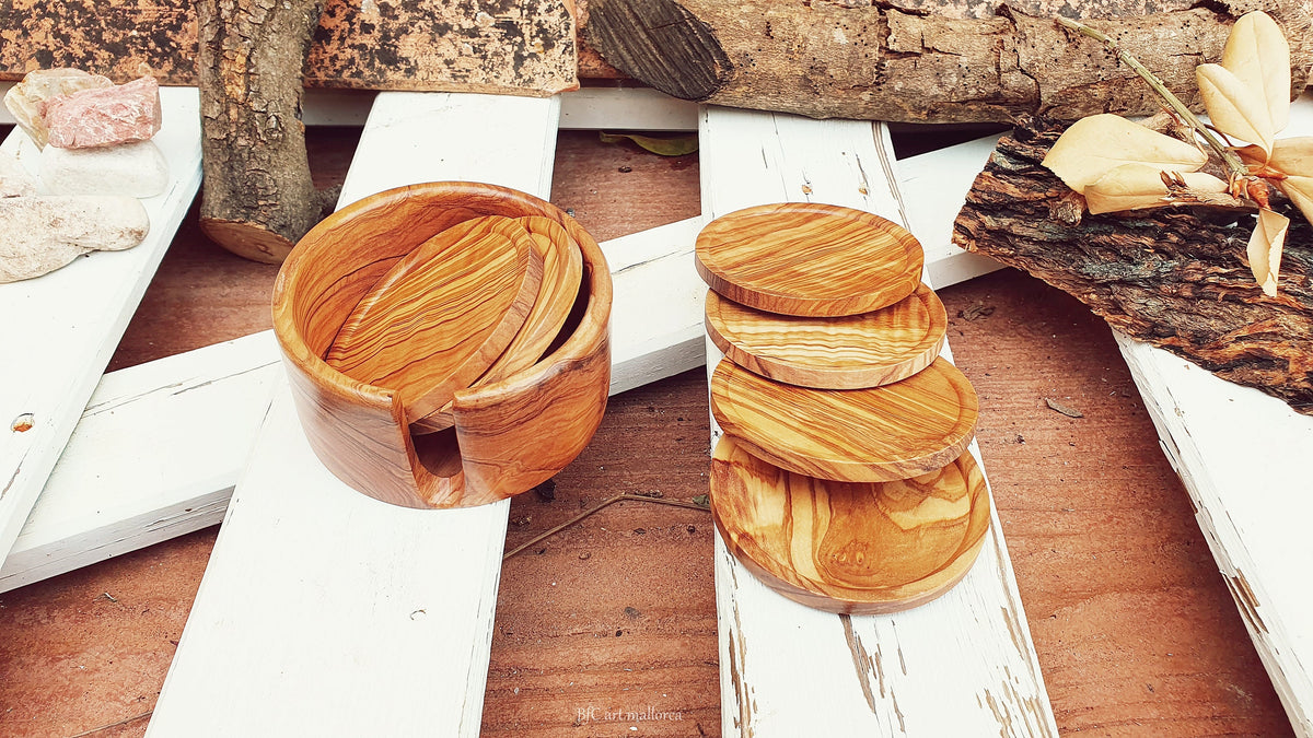 Olive Wood Coasters with Holder, Round Cup Coasters, Set of 6