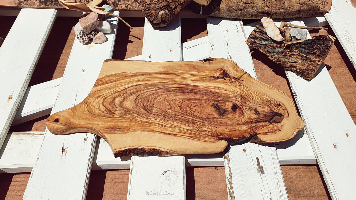Rustic Olive Wood Cutting Board with Bark Edge, Handmade Handle Board