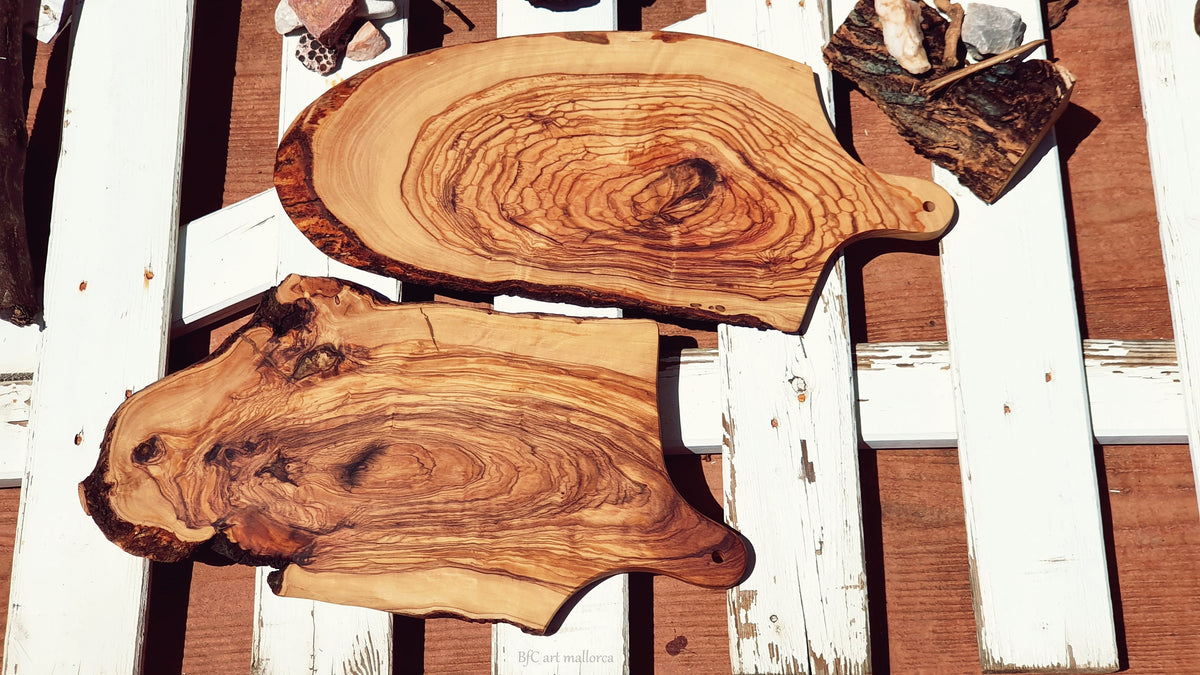 Rustic Olive Wood Cutting Board with Bark Edge, Handmade Handle Board