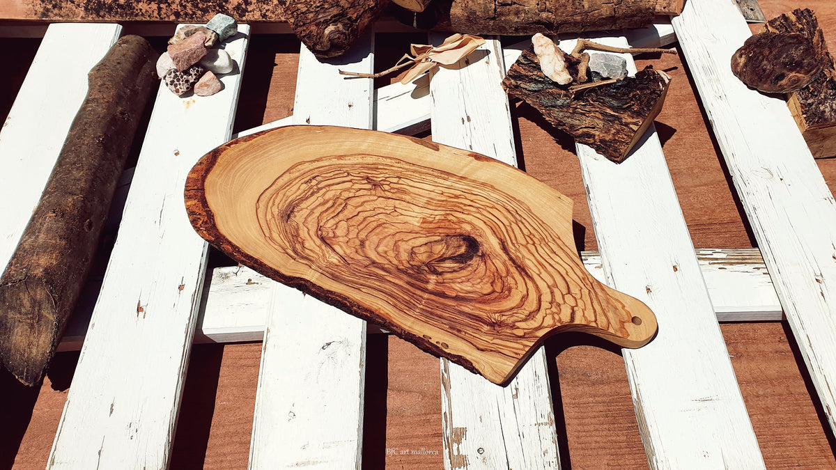Rustic Olive Wood Cutting Board with Bark Edge, Handmade Handle Board