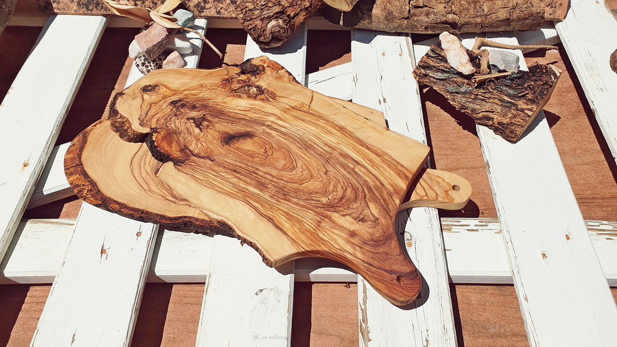 Rustic Olive Wood Cutting Board with Bark Edge, Handmade Handle Board
