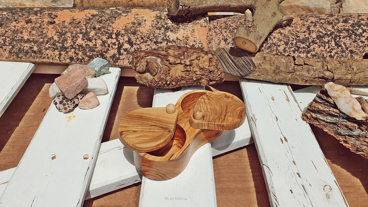 Olive Wood Double Salt Cellar, Sliding Lid Salt Container