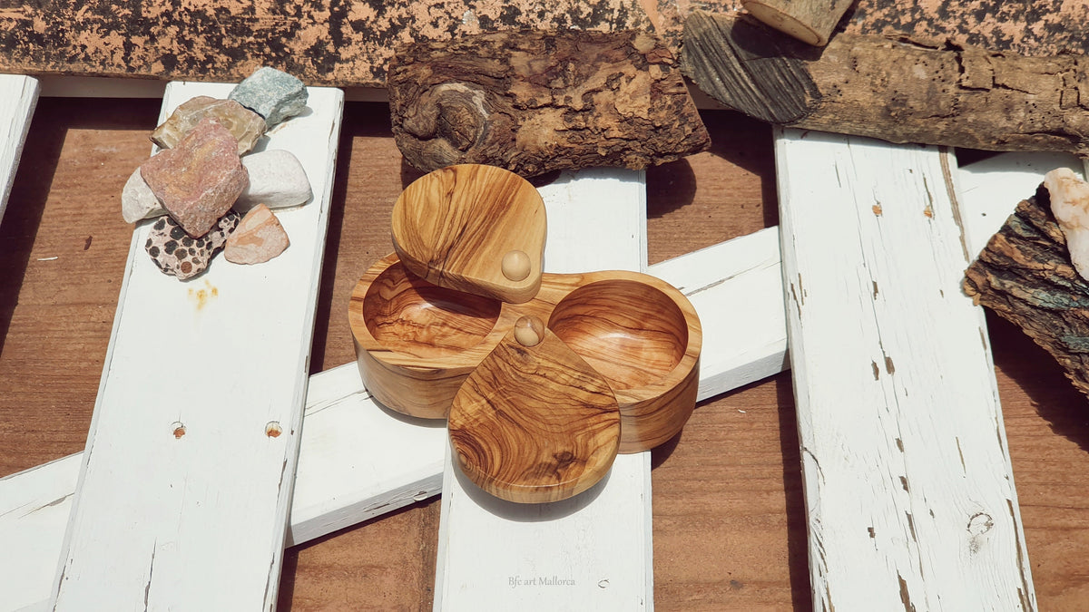 Olive Wood Double Salt Cellar, Sliding Lid Salt Container
