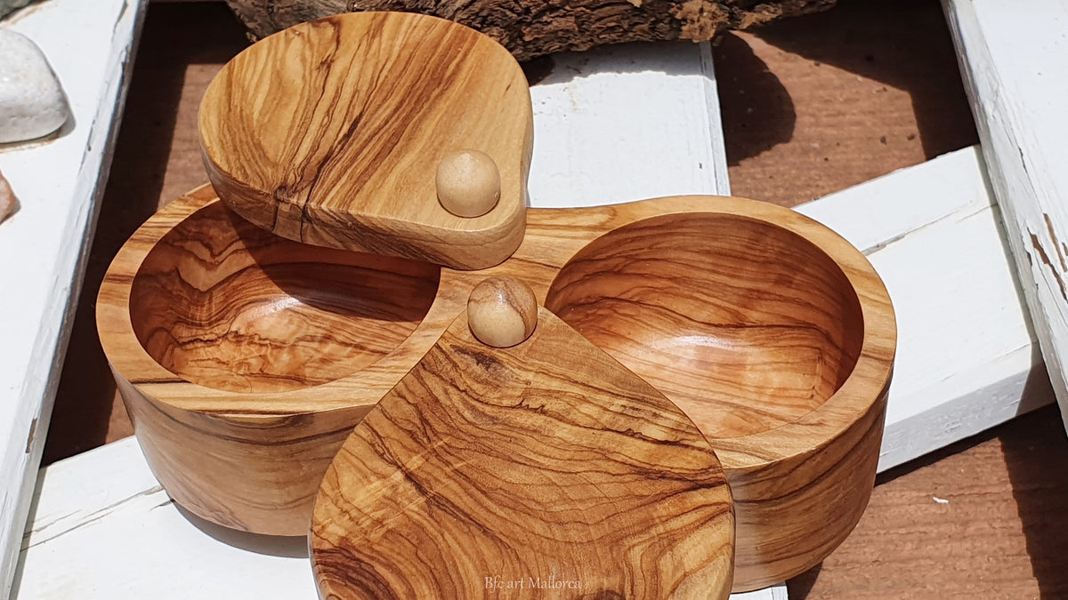 Olive Wood Double Salt Cellar, Sliding Lid Salt Container