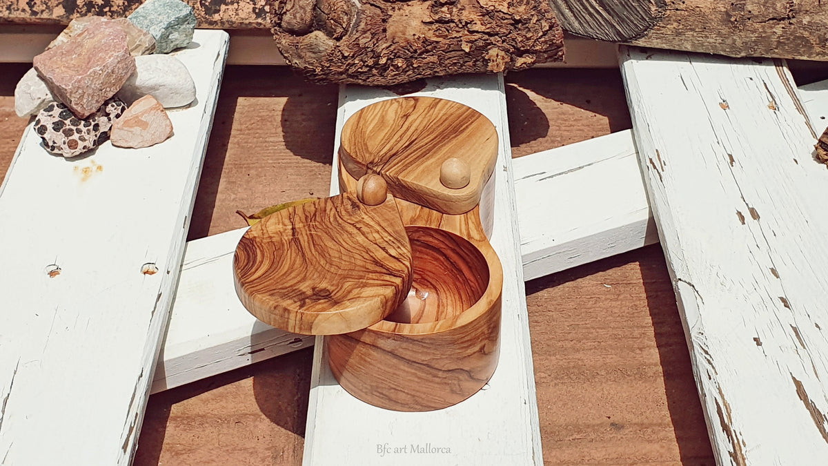 Olive Wood Double Salt Cellar, Sliding Lid Salt Container