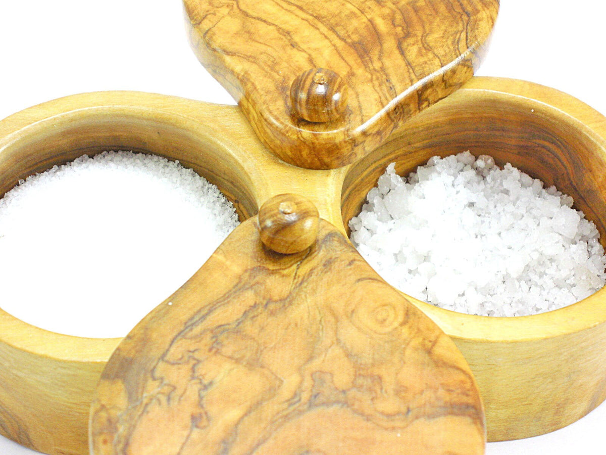 Olive Wood Double Salt Cellar, Sliding Lid Salt Container