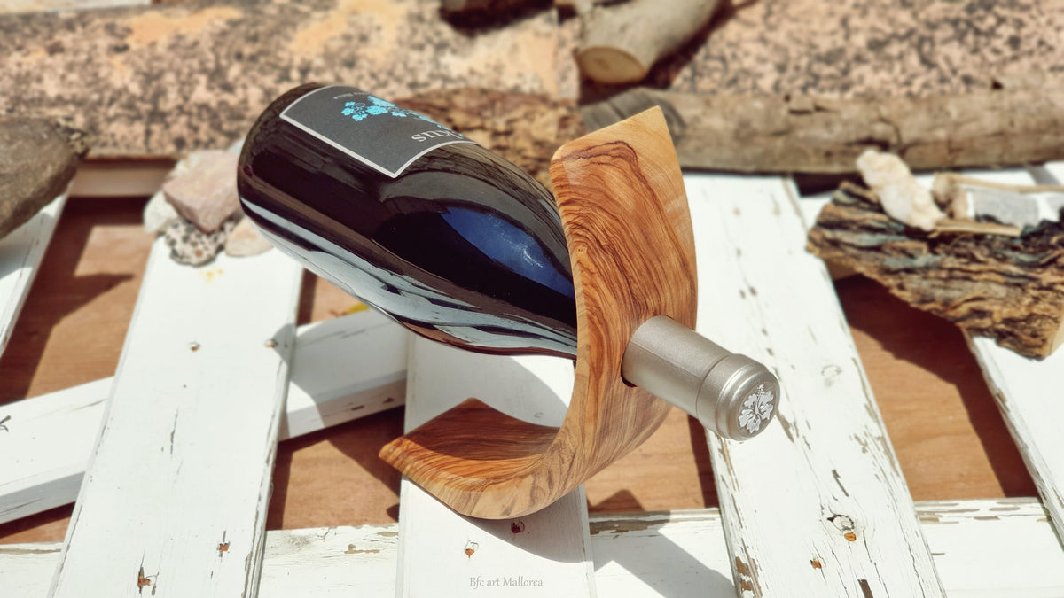 Olive Wood Wine Bottle Holder, Handmade Balancing Tabletop Stand