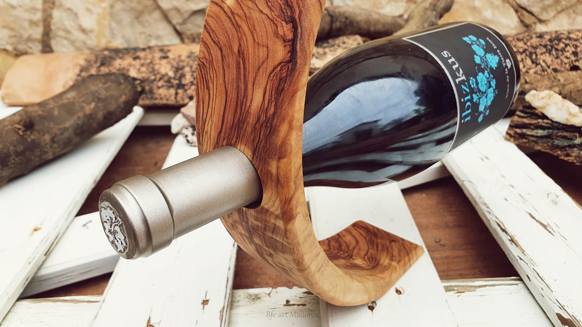 Olive Wood Wine Bottle Holder, Handmade Balancing Tabletop Stand